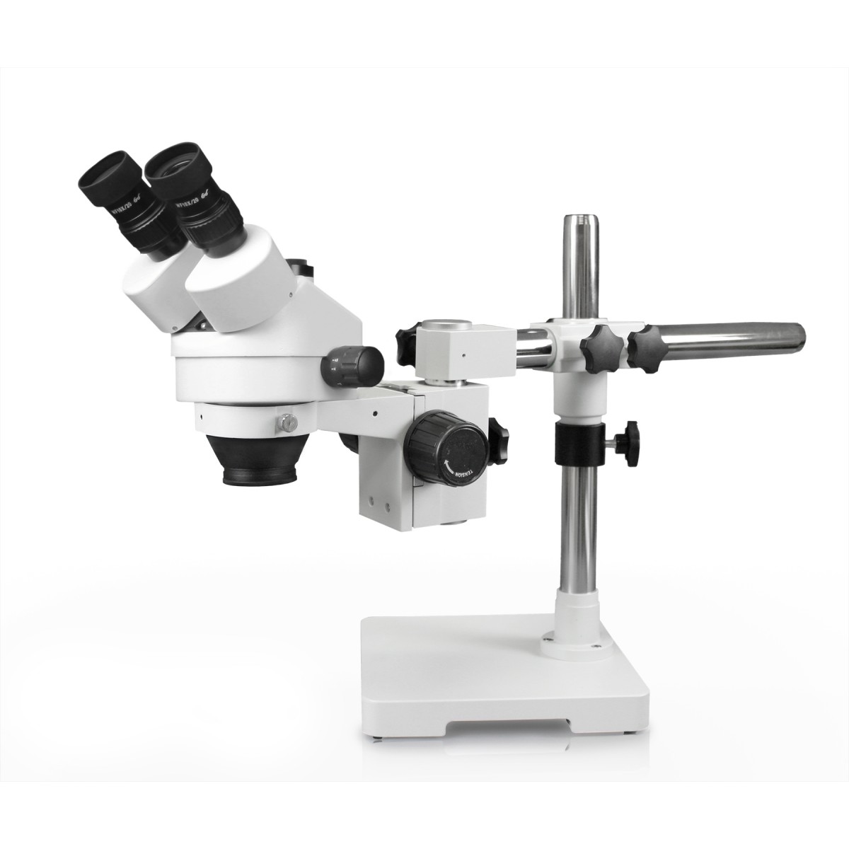Parco Scientific Simul-Focal Trinocular Zoom Stereo Microscope,10x WF Eyepiece,0.7X-4.5X Zoom,3.5x-90x Magnification,0.5X & 2X Auxiliary Lens,Single Arm Boom Stand,144-LED 4-Zone Ring Light W/Control 