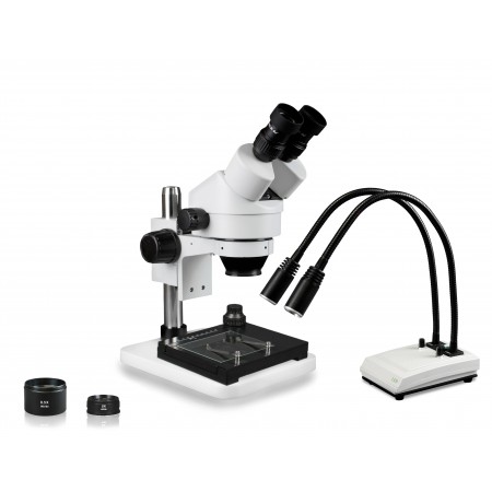 PA-1EZ-IHL20-MS Binocular Zoom Stereo Microscope - 0.7X-4.5X Zoom Range, 0.5X & 2.0X Auxiliary Lenses, Mechanical Stage, Dual Gooseneck LED Light