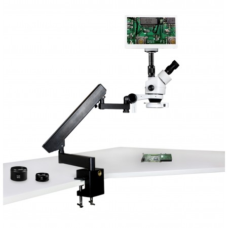 PA-7FZ-IFR07-RET11.6 Simul-Focal Trinocular Zoom Stereo Microscope - 0.7X - 4.5X Zoom Range, 0.5X & 2.0X Auxiliary Lenses, 144-LED Ring Light, 11.6" HD Retina Screen With 5MP Camera