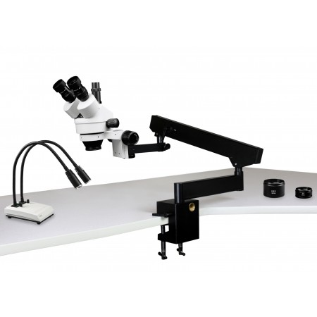 PA-7FZ-IHL20 Simul-Focal Trinocular Zoom Stereo Microscope - 0.7X - 4.5X Zoom Range, 0.5X & 2.0X Auxiliary Lenses, Dual Gooseneck LED Light