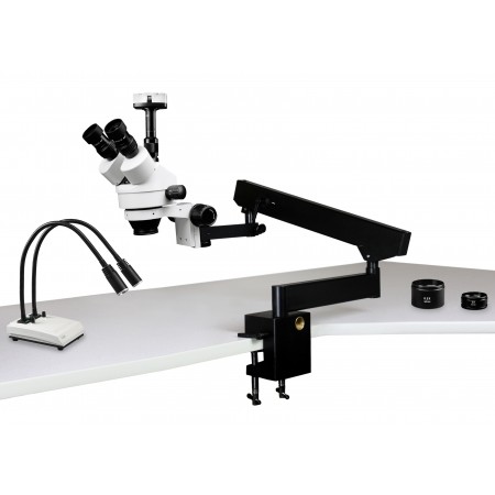 PA-7FZ-IHL20-10N Simul-Focal Trinocular Zoom Stereo Microscope - 0.7X - 4.5X Zoom Range, 0.5X & 2.0X Auxiliary Lenses, Dual Gooseneck LED Light, 10MP Digital Eyepiece Camera