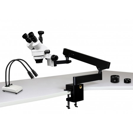PA-7FZ-IHL20-3N Simul-Focal Trinocular Zoom Stereo Microscope - 0.7X - 4.5X Zoom Range, 0.5X & 2.0X Auxiliary Lenses, Dual Gooseneck LED Light, 3MP Digital Eyepiece Camera
