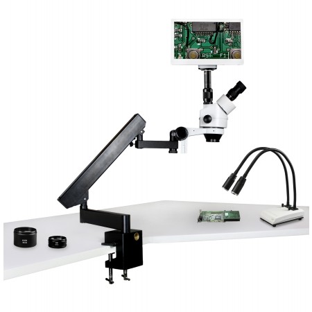 PA-7FZ-IHL20-RET11.6 Simul-Focal Trinocular Zoom Stereo Microscope - 0.7X - 4.5X Zoom Range, 0.5X & 2.0X Auxiliary Lenses, Dual Gooseneck LED Light, 11.6" HD Retina Screen With 5MP Camera