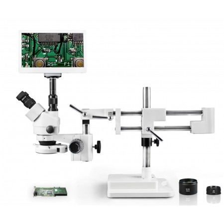 PA-5FZ-IFR07-RET11.6 Simul-Focal Trinocular Zoom Stereo Microscope - 0.7X - 4.5X Zoom Range, 0.5X & 2.0X Auxiliary Lenses, 144-LED Ring Light, 11.6" HD Retina Screen With 5MP Camera