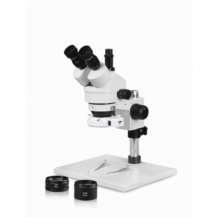PA-1AFZ-IFR07 Simul-Focal Trinocular Zoom Stereo Microscope - 0.7X-4.5X Zoom Range, 0.5X & 2.0X Auxiliary Lenses, 144-LED Ring Light