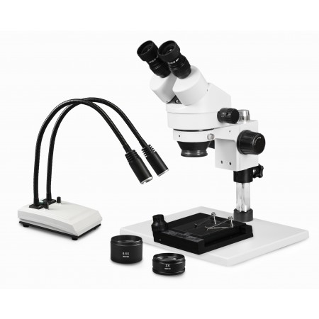 PA-1AEZ-IHL20-MS Binocular Zoom Stereo Microscope - 0.7X-4.5X Zoom Range, 0.5X & 2.0X Auxiliary Lenses, Mechanical Stage, Dual Gooseneck LED Light