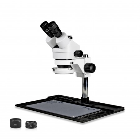 PA-10FZ-IFR07 Simul-Focal Trinocular Zoom Stereo Microscope - 0.7X - 4.5X Zoom Range, 0.5X & 2.0X Auxiliary Lenses, 144-LED Ring Light
