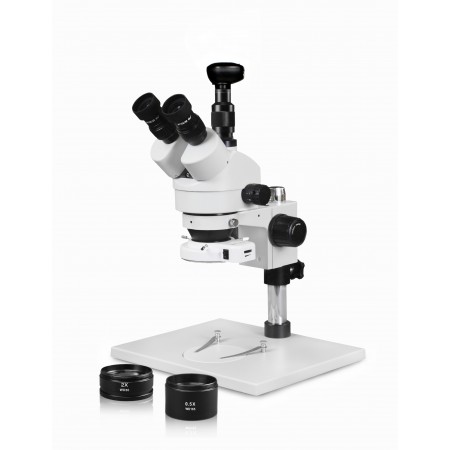 PA-1AFZ-IFR07-3N Simul-Focal Trinocular Zoom Stereo Microscope - 0.7X-4.5X Zoom Range, 0.5X & 2.0X Auxiliary Lenses, 144-LED Ring Light, 3MP Digital Eyepiece Camera