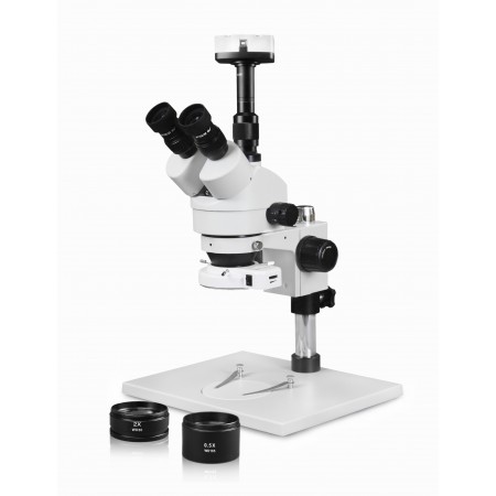 PA-1AFZ-IFR07-10N Simul-Focal Trinocular Zoom Stereo Microscope - 0.7X-4.5X Zoom Range, 0.5X & 2.0X Auxiliary Lenses, 144-LED Ring Light, 10MP Digital Eyepiece Camera
