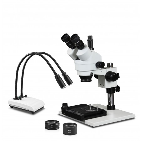 PA-1AFZ-IHL20-MS Simul-Focal Trinocular Zoom Stereo Microscope - 0.7X-4.5X Zoom Range, 0.5X & 2.0X Auxiliary Lenses, Mechanical Stage, Dual Gooseneck LED Light