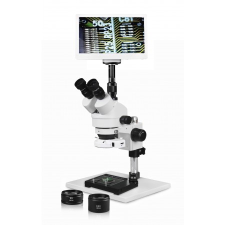 PA-1AFZ-IFR07-RET11.6-MS Simul-Focal Trinocular Zoom Stereo Microscope - 0.7X-4.5X Zoom Range, 0.5X & 2.0X Auxiliary Lenses, Mechanical Stage, 144-LED Ring Light, 11.6" HD Retina Screen With 5MP Camera