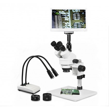 PA-1AFZ-IHL20-RET11.6 Simul-Focal Trinocular Zoom Stereo Microscope - 0.7X-4.5X Zoom Range, 0.5X & 2.0X Auxiliary Lenses, Dual Gooseneck LED Light, 11.6" HD Retina Screen With 5MP Camera