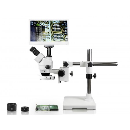 PA-3FZ-IFR07-RET11.6 Simul-Focal Trinocular Zoom Stereo Microscope - 0.7X - 4.5X Zoom Range, 0.5X & 2.0X Auxiliary Lenses, 144-LED Ring Light, 11.6" HD Retina Screen With 5MP Camera