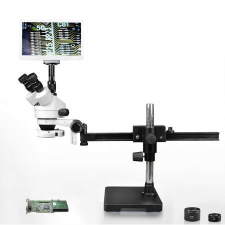 PA-2AFZ-IFR07-RET11.6 Simul-Focal Trinocular Zoom Stereo Microscope - 0.7X-4.5X Zoom Range, 0.5X & 2.0X Auxiliary Lenses, 144-LED Ring Light, 11.6" HD Retina Screen With 5MP Camera