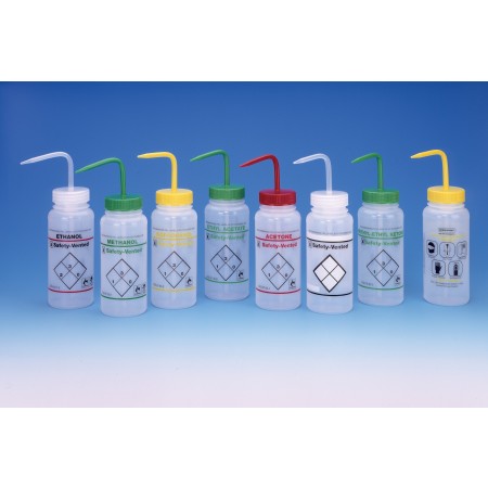 2-Color Wash Bottles, Safety-Vented & Safety-Labeled, Wide Mouth