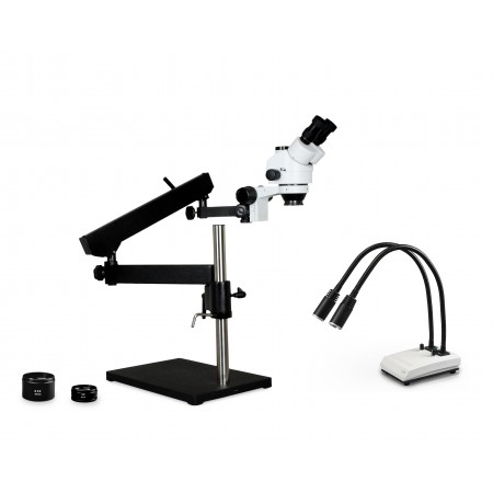 PA-9FZ-IHL20 Simul-Focal Trinocular Zoom Stereo Microscope - 0.7X - 4.5X Zoom Range, 0.5X & 2.0X Auxiliary Lenses, Dual Gooseneck LED Light