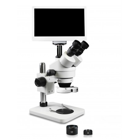 PA-1FZ-IFR07-RET11.6 Simul-Focal Trinocular Zoom Stereo Microscope - 0.7X-4.5X Zoom Range, 0.5X & 2.0X Auxiliary Lenses, 144-LED Ring Light, 11.6" HD Retina Screen with 5MP Camera