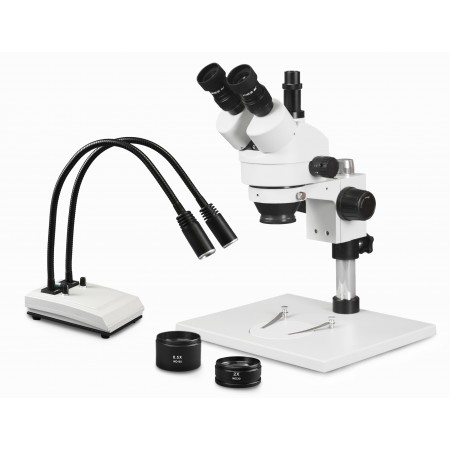 PA-1AFZ-IHL20 Simul-Focal Trinocular Zoom Stereo Microscope - 0.7X-4.5X Zoom Range, 0.5X & 2.0X Auxiliary Lenses, Dual Gooseneck LED Light