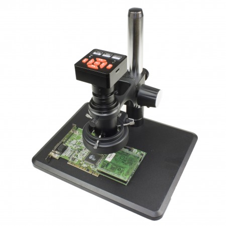 PA-12-5607NS-IFR09 Monocular Zoom Industrial Inspection Microscope W 16MPHDMI/USB Digital Camera | 0.7x-5.0x zoom range, 0.4x C-Mount | Pillar stand W large base |144-LED ring light