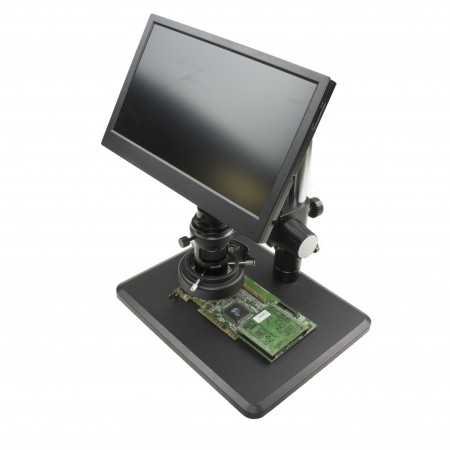 PA-12-IFR09-SS11.6 Monocular Zoom Industrial Inspection Microscope | 0.7x-5.0x zoom, 0.4x C-Mount | Pillar stand W large base |144-LED ring light | 11.6” Screen W Digital Camera