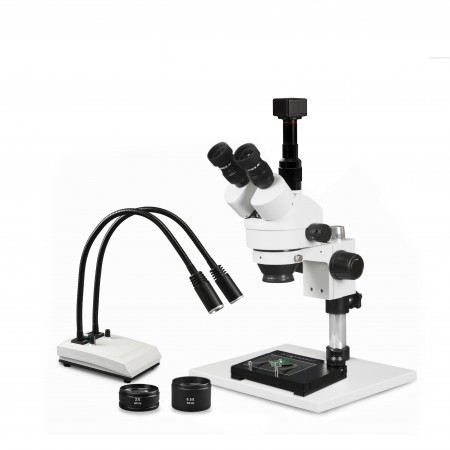 PA-1AFZ-IHL20-5N-MS Simul-Focal Trinocular Zoom Stereo Microscope - 0.7X-4.5X Zoom Range, 0.5X & 2.0X Auxiliary Lenses, Mechanical Stage, Dual Gooseneck LED Light, 5MP Digital CMOS Camera
