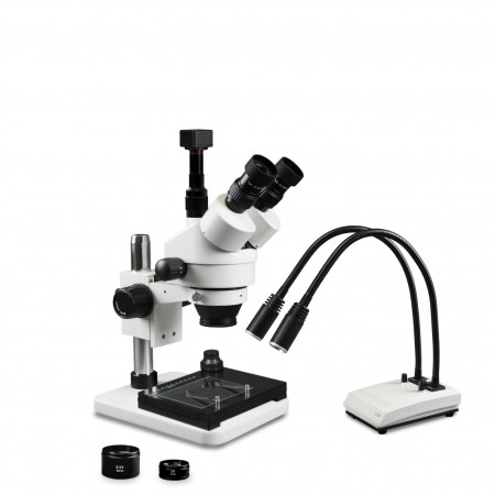 PA-1FZ-IHL20-5N-MS Simul-Focal Trinocular Zoom Stereo Microscope - 0.7X-4.5X Zoom Range, 0.5X & 2.0X Auxiliary Lenses, Dual Gooseneck LED Light, 5MP Digital CMOS Camera, Mechanical Stage
