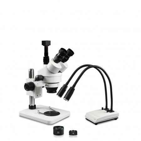 PA-1FZ-IHL20-5N Simul-Focal Trinocular Zoom Stereo Microscope - 0.7X-4.5X Zoom Range, 0.5X & 2.0X Auxiliary Lenses, Dual Gooseneck LED Light, 5MP Digital CMOS Camera