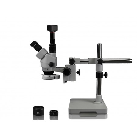 PA-3FZ-IFR07-5N Simul-Focal Trinocular Zoom Stereo Microscope - 0.7X - 4.5X Zoom Range, 0.5X & 2.0X Auxiliary Lenses, 144-LED Ring Light, 5MP Digital CMOS Camera