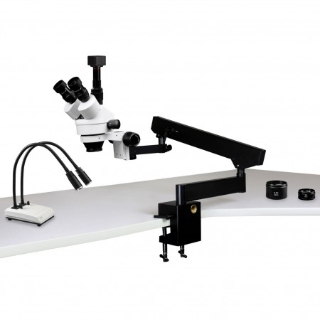 PA-7FZ-IHL20-5N Simul-Focal Trinocular Zoom Stereo Microscope - 0.7X - 4.5X Zoom Range, 0.5X & 2.0X Auxiliary Lenses, Dual Gooseneck LED Light, 5MP Digital CMOS Camera