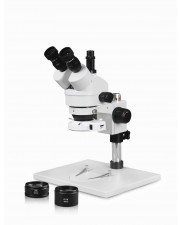 PA-1AFZ-IFR07 Simul-Focal Trinocular Zoom Stereo Microscope - 0.7X-4.5X Zoom Range, 0.5X & 2.0X Auxiliary Lenses, 144-LED Ring Light 