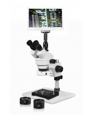 PA-1AFZ-IFR07-RET11.6-MS Simul-Focal Trinocular Zoom Stereo Microscope - 0.7X-4.5X Zoom Range, 0.5X & 2.0X Auxiliary Lenses, Mechanical Stage, 144-LED Ring Light, 11.6" HD Retina Screen With 5MP Camera 