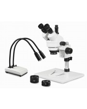 PA-1AFZ-IHL20 Simul-Focal Trinocular Zoom Stereo Microscope - 0.7X-4.5X Zoom Range, 0.5X & 2.0X Auxiliary Lenses, Dual Gooseneck LED Light 
